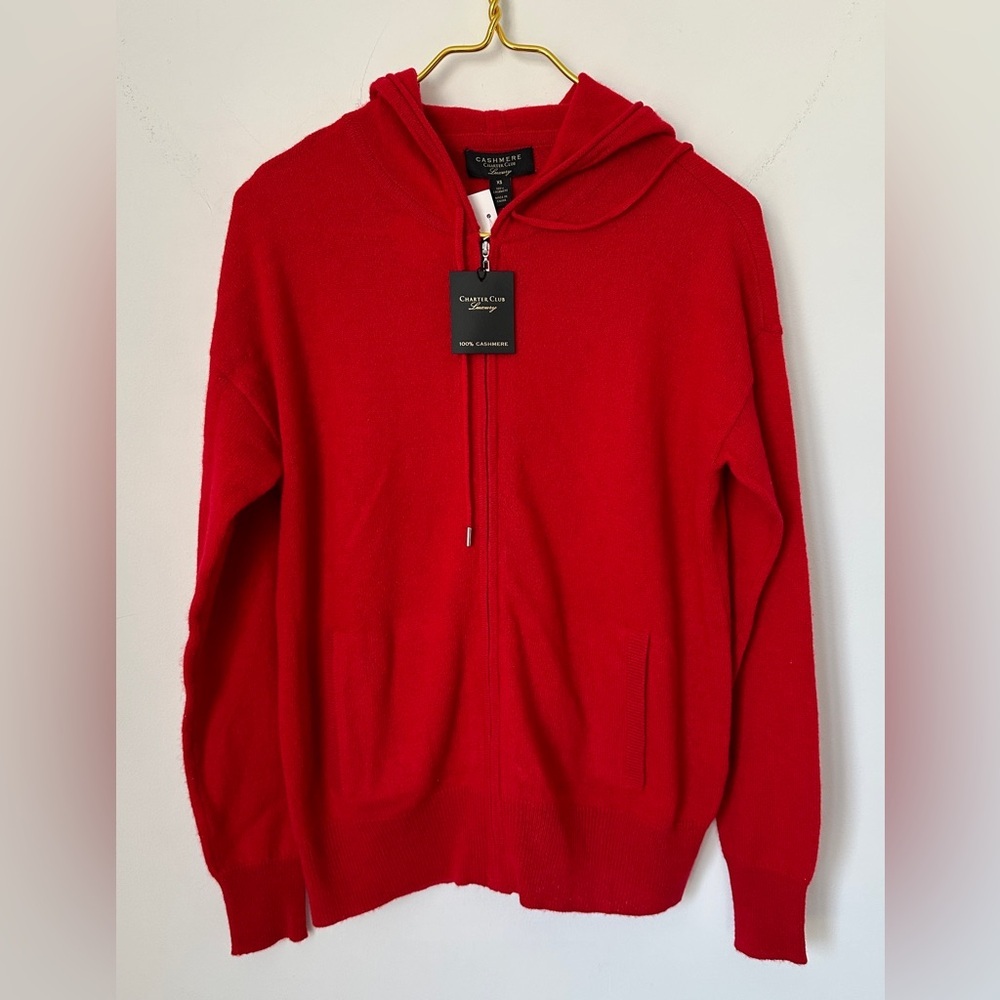 NWT Charter Club Luxury Red 100% Cashmere Full Zip Hoodie Sweater Women's XS